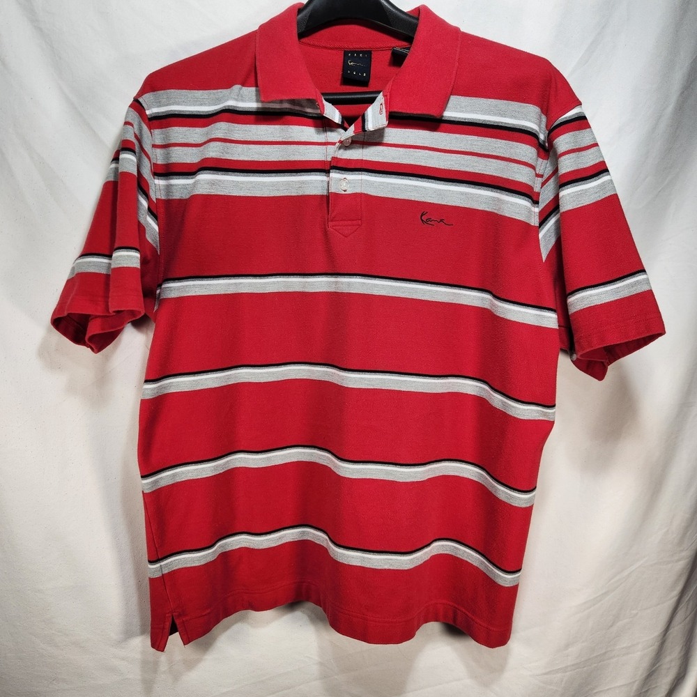 Karl‎ Kani Gold Polo Shirt Mens 2XL Red Gray Cotto Striped Short Sleeve